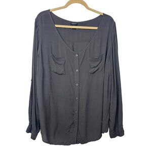 Torrid 2X Plus Size V-Neck Button Down Blouse Gray Long Sleeve Roll Tab Sleeves